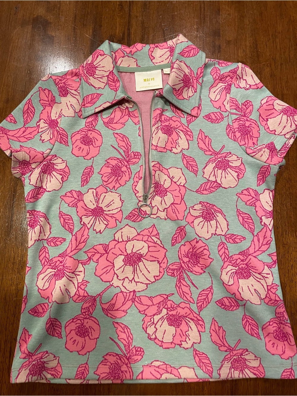 Anthropologie Maeve Pink and Mint Floral Zip Polo